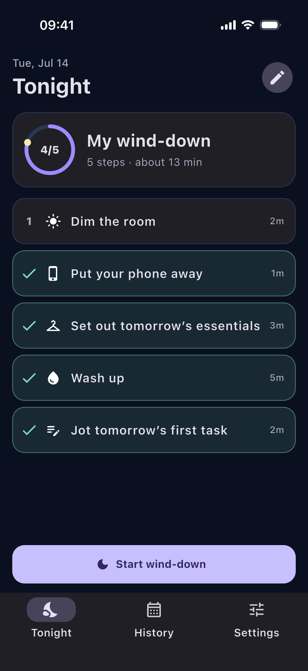 Tucklist Tonight screen showing a five-step wind-down routine